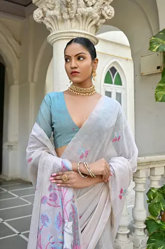 Women's pink soft muga cotton floral weaving traditional saree with blouse