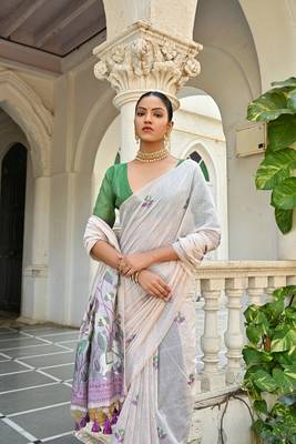 Women's wine soft muga cotton floral weaving traditional saree with blouse 3