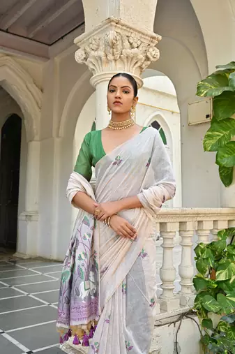 Women's wine soft muga cotton floral weaving traditional saree with blouse