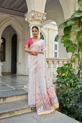 Women's yellow soft muga cotton floral weaving traditional saree with blouse 1