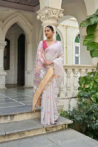 Women's yellow soft muga cotton floral weaving traditional saree with blouse