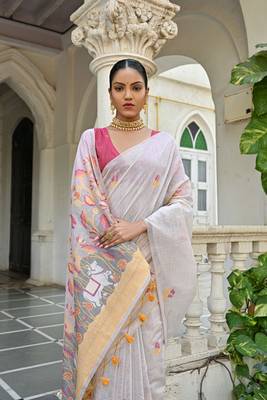 Women's yellow soft muga cotton floral weaving traditional saree with blouse 3