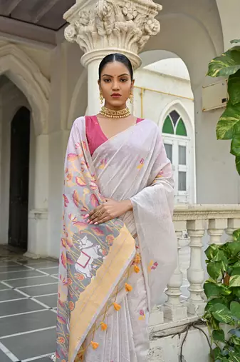 Women's yellow soft muga cotton floral weaving traditional saree with blouse