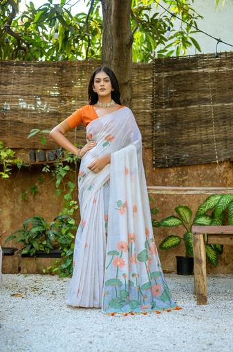 Women's orange soft muga cotton floral weaving traditional saree with blouse