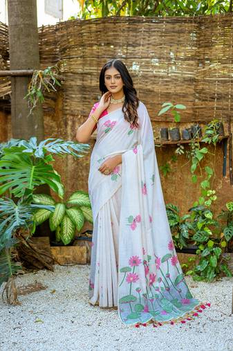 Women's pink soft muga cotton floral weaving traditional saree with blouse