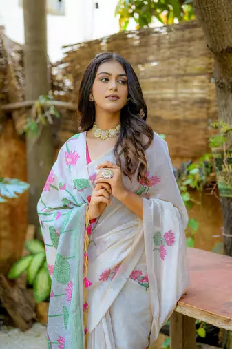 Women's pink soft muga cotton floral weaving traditional saree with blouse