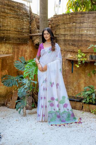 Women's wine soft muga cotton floral weaving traditional saree with blouse