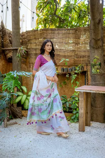 Women's wine soft muga cotton floral weaving traditional saree with blouse