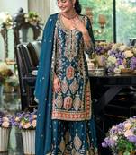Teal premium embroidered chinon silk stitched salwar suit (free size)