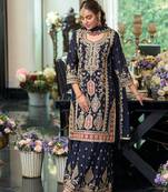 Navy blue premium embroidered chinon silk stitched salwar suit (free size)
