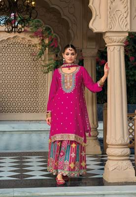 Dark pink premium embroidered chinon salwar suit (free size) 2