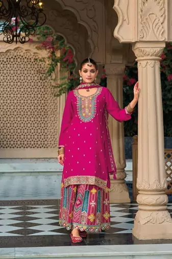 Dark pink premium embroidered chinon salwar suit (free size)