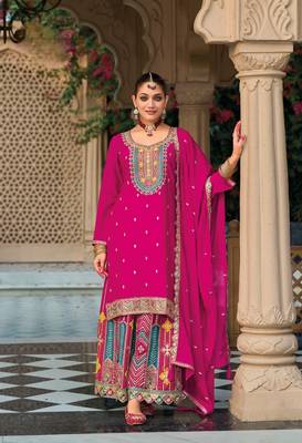Dark pink premium embroidered chinon salwar suit (free size) 1