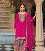 Dark pink premium embroidered chinon salwar suit (free size)