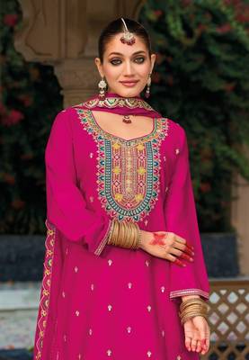 Dark pink premium embroidered chinon salwar suit (free size) 3