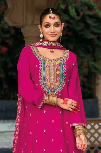 Dark pink premium embroidered chinon salwar suit (free size)