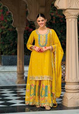 Yellow premium embroidered chinon salwar suit (free size) 1
