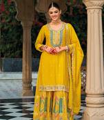 Yellow premium embroidered chinon salwar suit (free size)