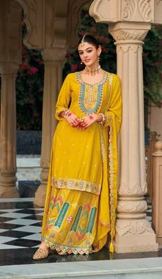 Yellow premium embroidered chinon salwar suit (free size) 2
