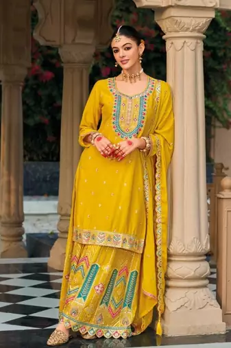 Yellow premium embroidered chinon salwar suit (free size)