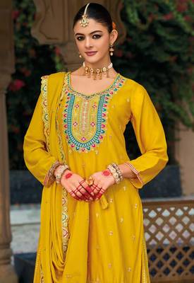 Yellow premium embroidered chinon salwar suit (free size) 3
