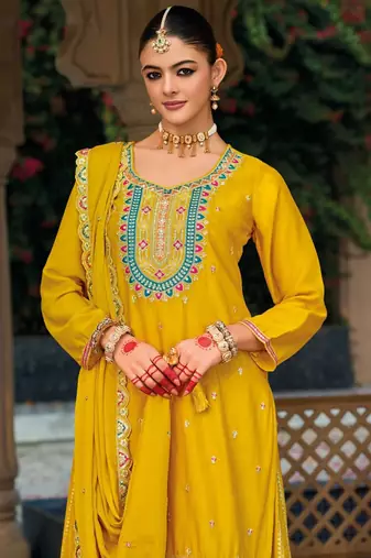 Yellow premium embroidered chinon salwar suit (free size)