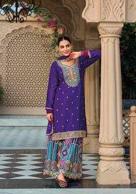Purple premium embroidered chinon salwar suit (free size) 1