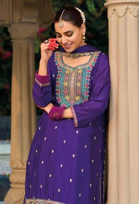 Purple premium embroidered chinon salwar suit (free size) 3
