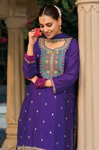Purple premium embroidered chinon salwar suit (free size)