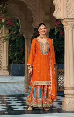 Orange premium embroidered chinon salwar suit (free size) 2