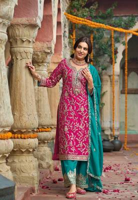 Dark Pink Embroidered Chinon Punjabi Salwar Suit(Free Size) 2