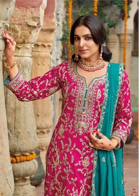Dark Pink Embroidered Chinon Punjabi Salwar Suit(Free Size) 3