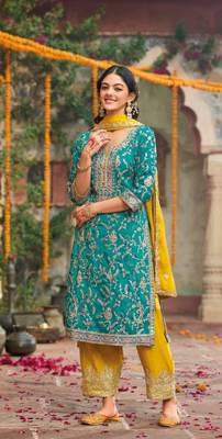 Turquoise Embroidered Chinon Readymade Punjabi Salwar Suit 2