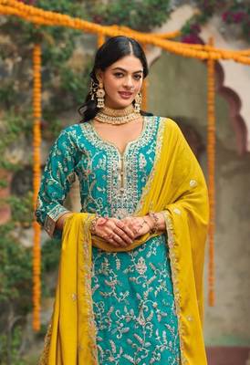 Turquoise Embroidered Chinon Readymade Punjabi Salwar Suit 3