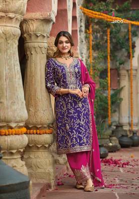 Purple Embroidered Chinon Punjabi Salwar Suit (Free Size) 2