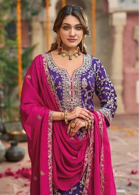 Purple Embroidered Chinon Punjabi Salwar Suit (Free Size) 3