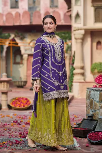 Purple premium embroidered chinon salwar suit (free size)