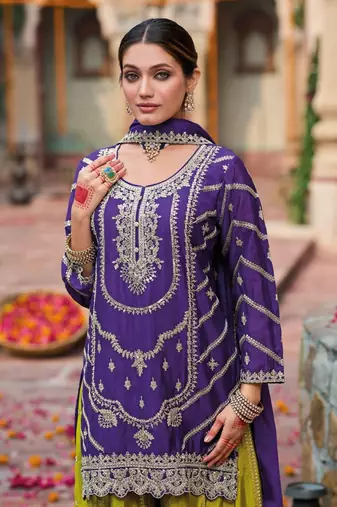 Purple premium embroidered chinon salwar suit (free size)