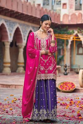Rani pink premium embroidered chinon salwar suit (free size) 1