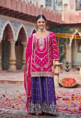 Rani pink premium embroidered chinon salwar suit (free size) 2
