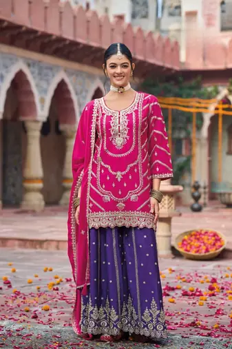Rani pink premium embroidered chinon salwar suit (free size)