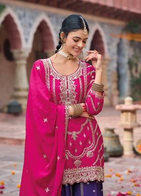 Rani pink premium embroidered chinon salwar suit (free size) 3
