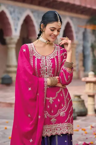 Rani pink premium embroidered chinon salwar suit (free size)