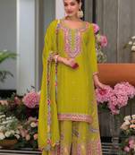 Light green premium embroidered chinon silk stitched salwar suit (free size)