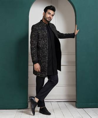 Midnight black embroidered achkan 3