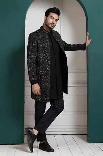 Midnight black embroidered achkan