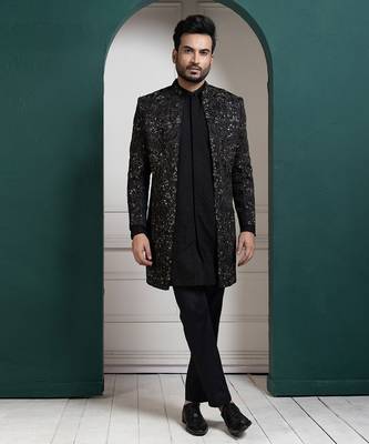 Midnight black embroidered achkan and kurta set 1