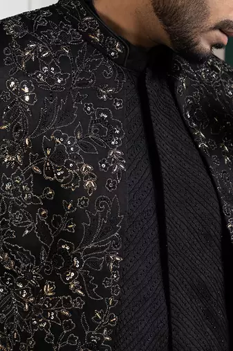 Midnight black embroidered achkan and kurta set