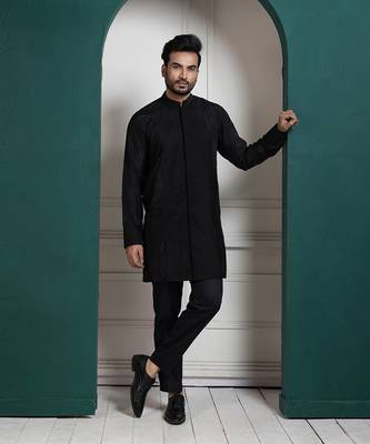 Midnight black embroidered achkan and kurta set 3