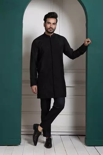 Midnight black embroidered achkan and kurta set